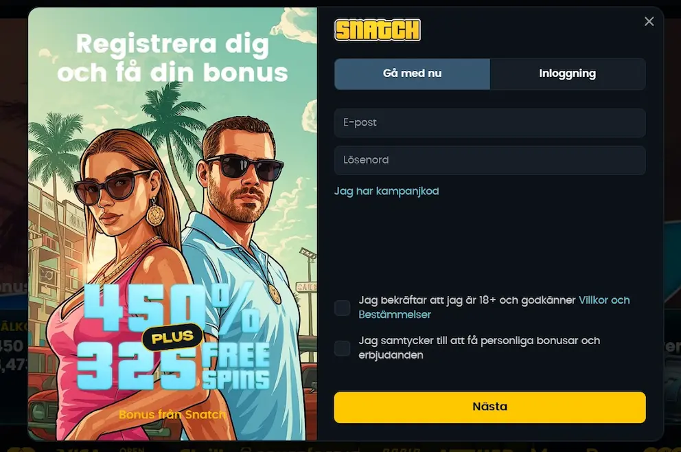 registrering på Snatch casino bild